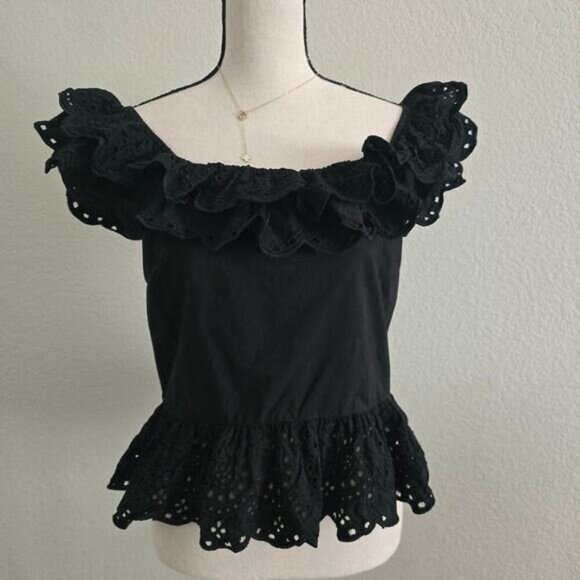 Express Black Cotton Eyelet Lace Ruffle Peplum Top L Open Back Romantic Evening - Picture 1 of 10